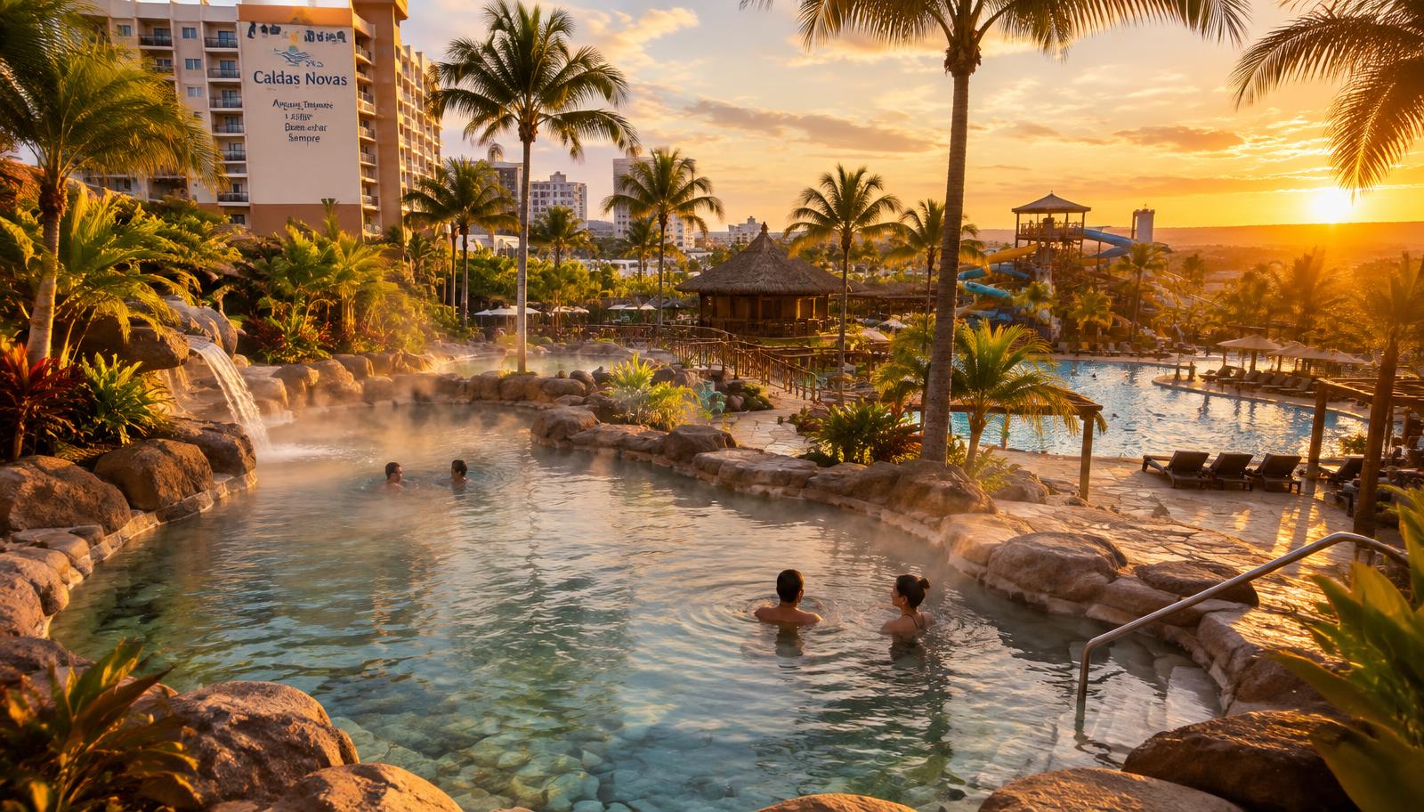 Piscinas de águas termais em Caldas Novas ao pôr do sol